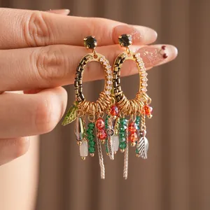 Bohemian gold oval leaf tassel earrings with multi-color crystals and fringe