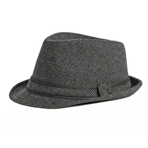 Classic houndstooth jazz fedora hat for men and women with black grosgrain ribbon band