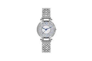 Detailed close-up of luxury full diamond set watch featuring blue hands and Roman numerals
