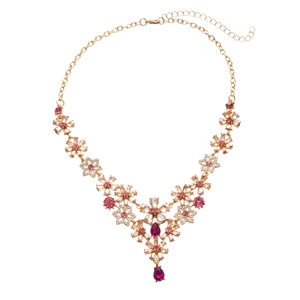 Luxurious gold flower necklace with pink crystal teardrop pendant in vintage palace style