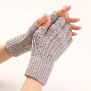 Gray cable knit fingerless gloves for men and women, stylish winter thermal arm warmers