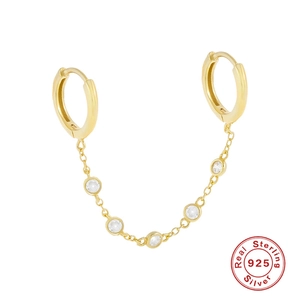 925 Sterling Silver Earrings Minimalist Geometric Double Hoop Connected Chain Micro Pave Zirconia Jewelry For Women