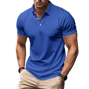 Detail of royal blue polo shirt showing the collar, three white buttons, and fabric texture