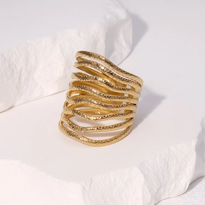Minimalist 18k gold plated multi-layer ripple ring with hammered texture on stone stand