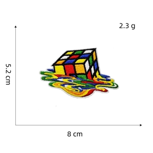 Colorful melting rubik cube embroidered iron-on patch measuring 8 cm by 5.2 cm