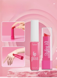 Detail of pretend play lip gloss and lipstick toy set with realistic plastic design