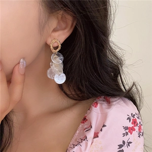 Silver needle round shell tassel earrings featuring golden texture and pendant design