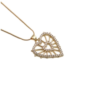 Golden heart pendant necklace with zircon double layer design on a snake bone chain