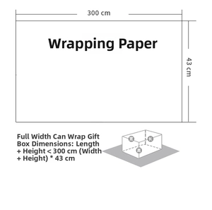 Detailed sizing guide for 300x43cm gift wrapping paper showing box measurement methods