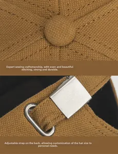 Detail of adjustable metal buckle and stitching on brown distressed cotton baseball cap