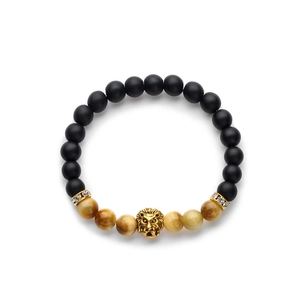 Tiger eye and matte black beaded bracelet with a gold lion head and crystal accents