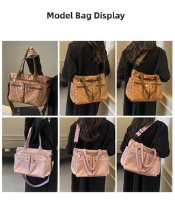 Multi-pocket corduroy tote bag with bow patterns and adjustable crossbody strap detail