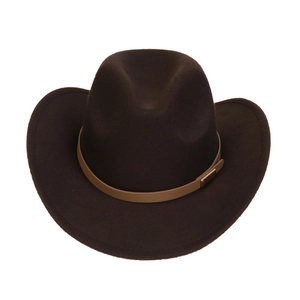 Detail of dark brown fedora hat with light brown leather band and metal buckle