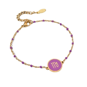 Golden stainless steel zodiac bracelet featuring purple beads and a Virgo symbol pendant