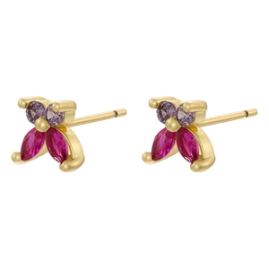 Detail of gold butterfly studs with purple round and magenta marquise crystals