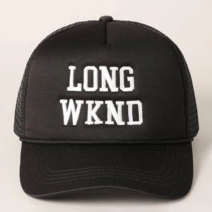 Close-up of black trucker hat with white LONG WKND embroidery and rope detail on the visor