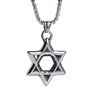 Vintage stainless steel hexagram pendant necklace with engraved scroll art details