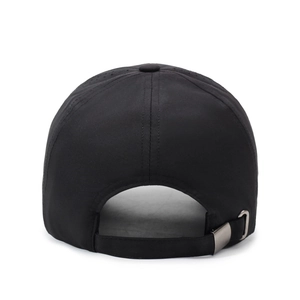 Rear view of black breathable quick-dry baseball cap with adjustable metal buckle strap
