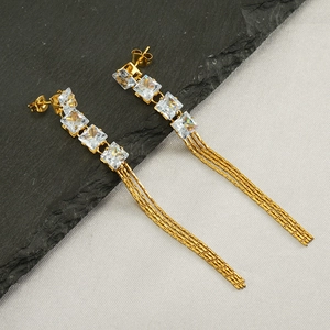 Elegant Long Tassel Drop Earrings 18K Gold Plated Stainless Steel Square Zircon Geometric Luxury Jewelry For Women