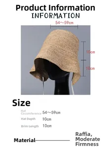 Size chart for raffia sun hat showing dimensions 54-59cm circumference and 10cm brim