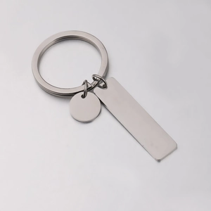 Minimalist stainless steel keychain with rectangle and round tags for custom engraving