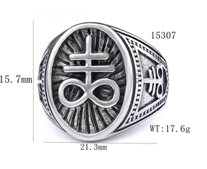 Detailed technical diagram of Satanic Leviathan cross ring with product dimensions and weight