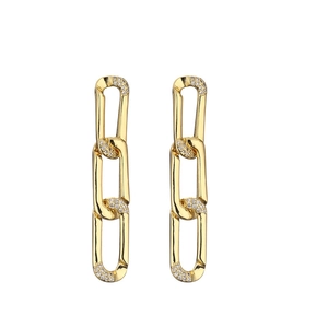Elegant gold chain drop earrings with sparkling zircon accents on white background