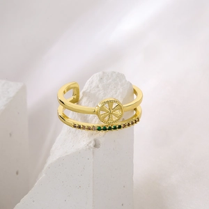 18K gold plated double-layer open ring with green zircon stones on white stone