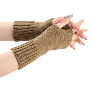 Guantes de punto caqui sin dedos con puños acanalados para invierno y parches decorativos