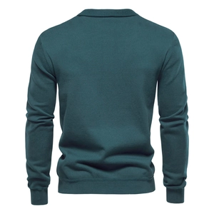 Men's dark green slim fit knit sweater cardigan showing high-quality back texture