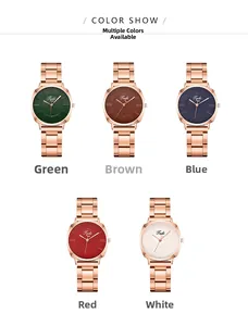 Vue détaillée des montres à quartz Tadi avec bracelets en acier rose et cinq cadrans colorés