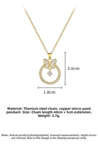 Detail view of butterfly necklace showing dimensions 1.8x2.6cm and 40+5cm chain length