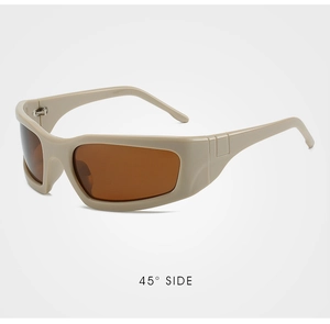 Detailed 45-degree side view of khaki sports sunglasses with brown tinted lenses