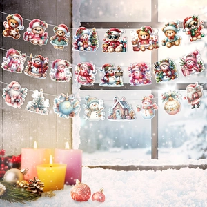Cartoon Christmas bunting with Santa and snowman hanging against a snowy window