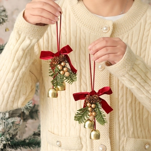 Christmas Hanging Ornaments Metal Bells With Pine Cones Artificial Greenery Velvet Bows For Door Wall Holiday Home Decor