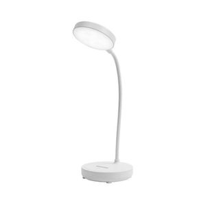 White LED desk lamp with flexible neck and circular base on white background