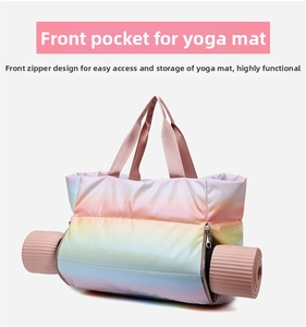 Detail view of the gradient yoga bag featuring a front zipper compartment for mat storage