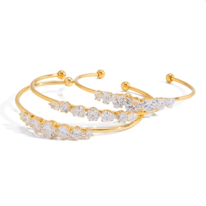 Three-piece stackable 18k gold plated open bangles with heart and pear shape zircons