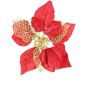 Fleur de poinsettia artificielle rouge et dorée pour décoration de sapin de Noël