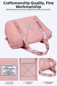 Detail view of pink waterproof travel bag with reinforced handles and branding label