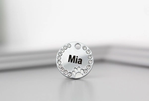 Close-up of silver stainless steel pet ID tag with Mia engraving and rhinestones