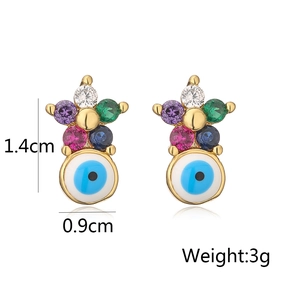 Detail view of colorful evil eye stud earrings showing dimensions 1.4cm height and 3g weight