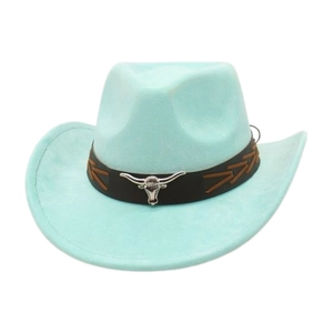 Detail of light blue faux suede cowboy hat with brown braided band and silver bull head icon