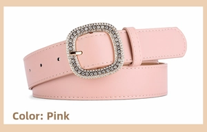 Close-up of pink leather belt featuring a rhinestone-encrusted square buckle detail