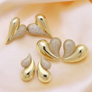 Three pairs of 18k gold plated heart and water drop stud earrings with cubic zirconia