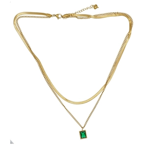 Double-layered gold snake chain necklace with rectangular emerald green zircon pendant