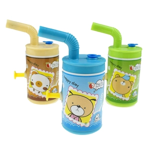 Three colorful plastic bear drink cups with straw and handle for kids in blue green brown