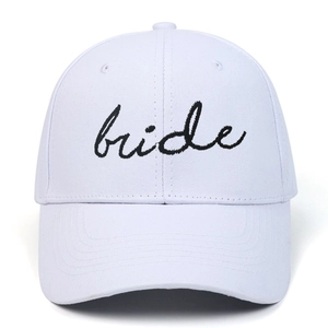 Classic white baseball cap with black Bride embroidery in script for bridal parties