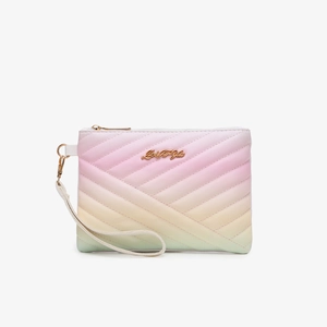 Rainbow gradient quilted small clutch bag with Luck For You logo and wristlet strap