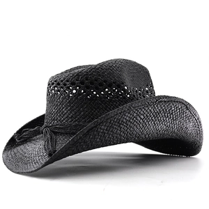 Chapeau de cowboy en paille noire avec large bord relevé et ruban décoratif en corde